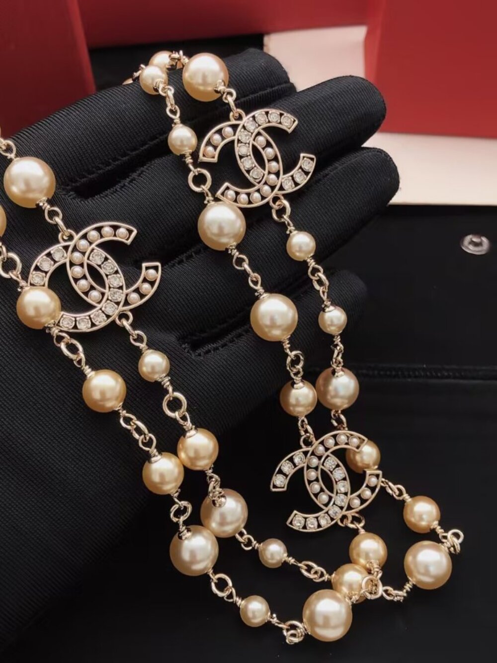 Chanel Long Pearl Necklace with Crystal CC Logos - Picture 2 of 5